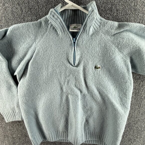 Lacoste Men Sweater Pullover 1/4 Zip Light Blue Knit Pure Wool Croc Logo Adult - Picture 1 of 14
